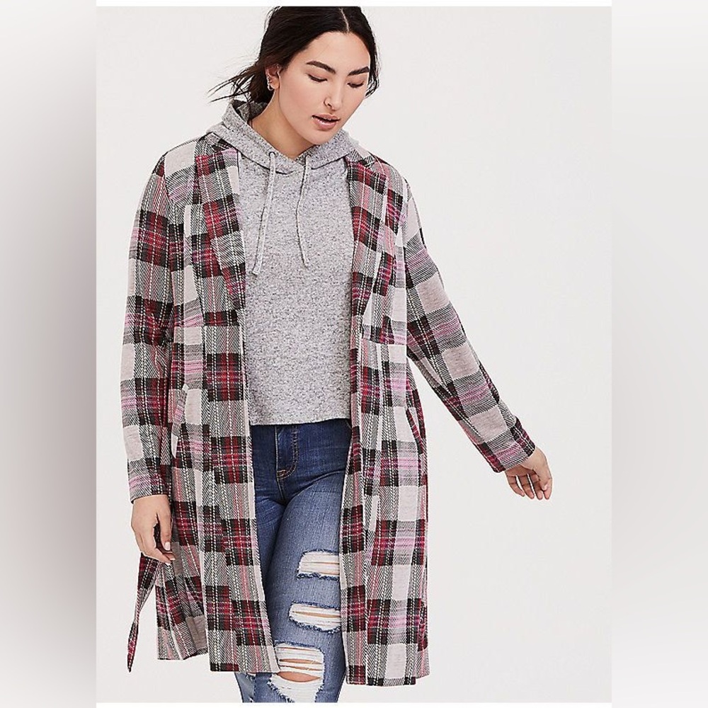 Plaid tie front trench coat